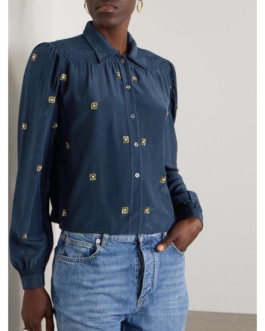 Alix Of Bohemia Blue Priscilla Casino Night Embellished Smocked Silk Shirt