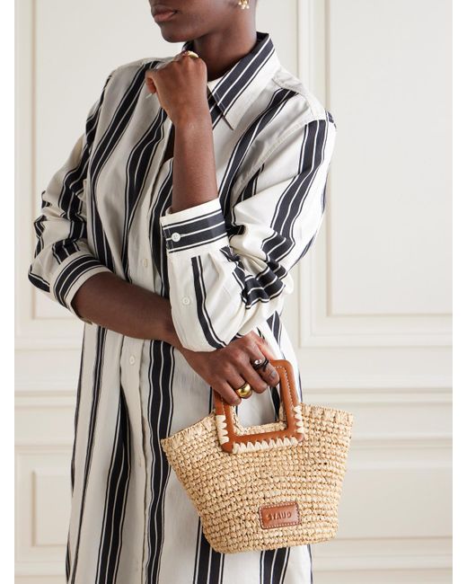 Staud White Sienna Mini Leather-Trimmed Raffia Tote