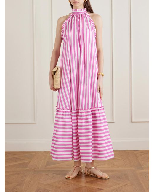 Loretta Caponi Pink Melinda Ruched Striped Cotton-Poplin Halterneck Maxi Dress
