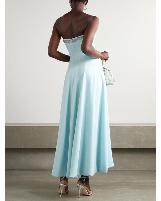 Costarellos Blue Aldina Strapless Pleated Crystal-Embellished Crepe Midi Dress