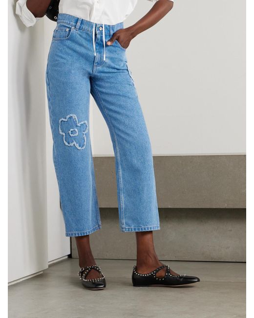 Marni Blue Cropped Appliquéd Mid-Rise Straight-Leg Jeans