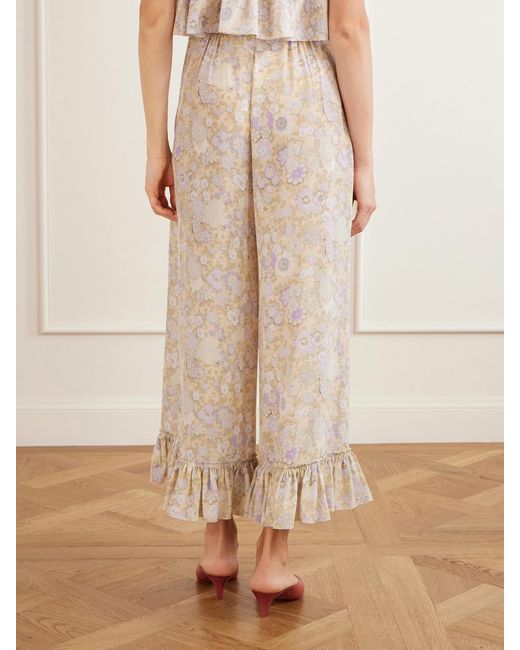 Chloé Natural Ruffled Floral-Print Silk-Charmeuse Wide-Leg Pants