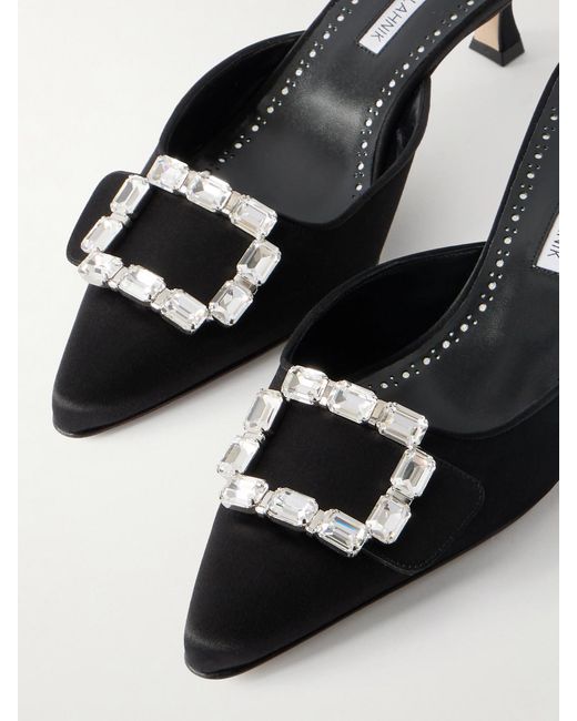 Manolo Blahnik White Mayjou 50 Crystal-Embellished Satin Mules
