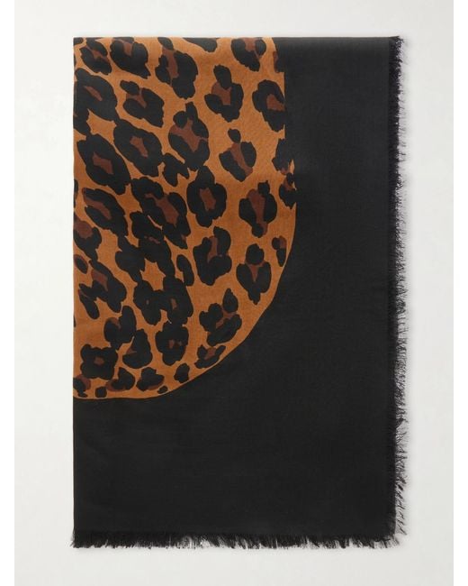 Saint Laurent Black Grand Carre Animal-Print Fringed Wool Scarf
