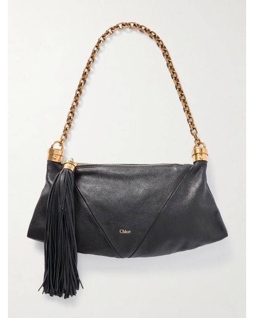 Chloé Black Schultertasche Aus Strukturiertem Leder Mit Troddel