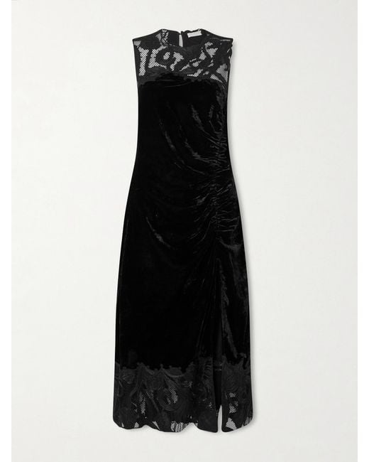 Ulla Johnson Black Rosaria Ruched Corded Lace-Trimmed Velvet Maxi Dress
