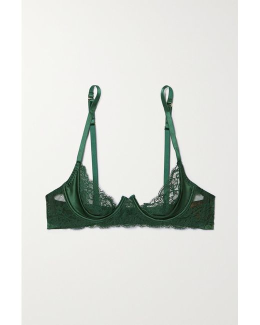 Coco De Mer Seraphine Lace And Silk-blend Satin Underwired Soft-cup Bra in  Green