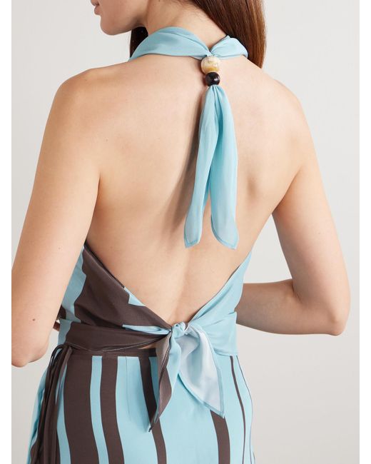 Sir Blue Rioja Embellished Striped Silk-Crepe Halterneck Top