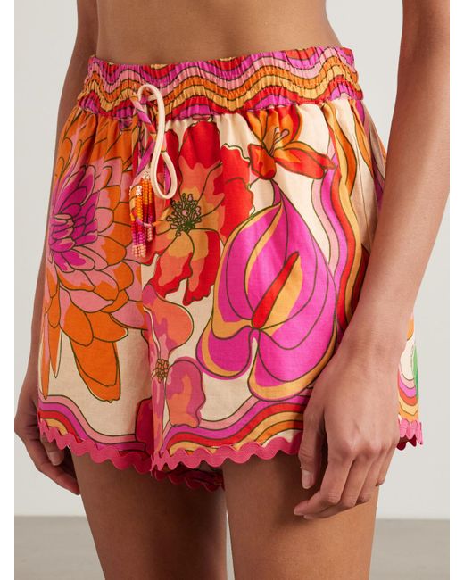 Farm Rio Red Spring Affair Shorts Aus Einer Leinenmischung Mit Blumenmuster Und Zierperlen