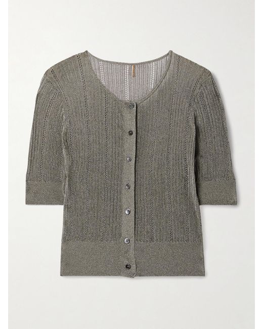 Adam Lippes Gray Metallic Pointelle And Ribbed-Knit Cardigan