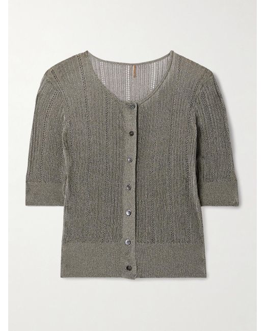 Adam Lippes Gray Metallic Pointelle And Ribbed-Knit Cardigan