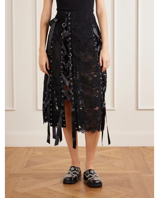 Simone Rocha Black Unraveling Ribbon Ring Asymmetric Embellished Lace And Satin Midi Skirt