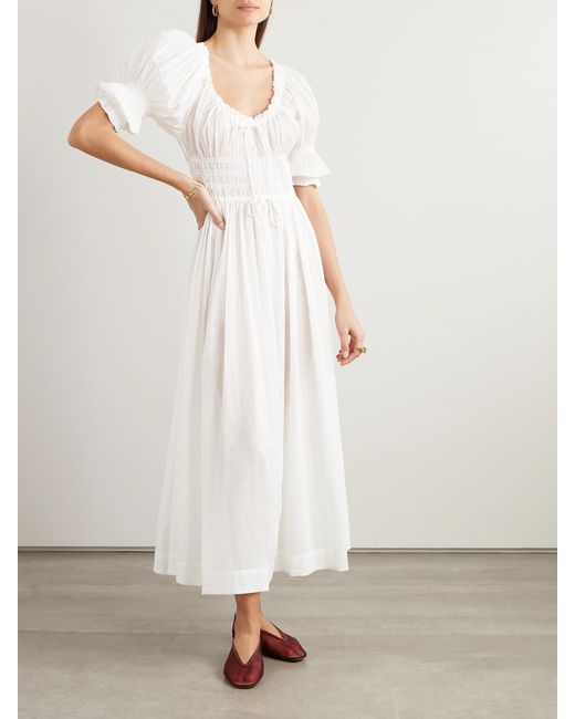 Doen White + Net Sustain Ischia Shirred Organic Cotton-voile Midi Dress