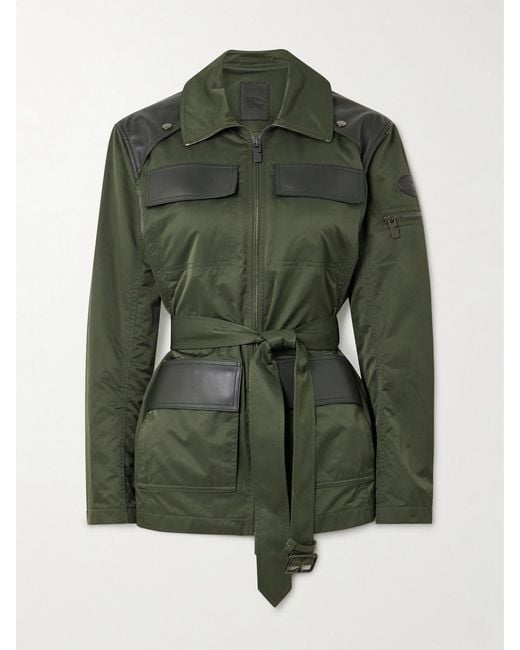Burberry Green Belted Leather-Trimmed Shell Jacket