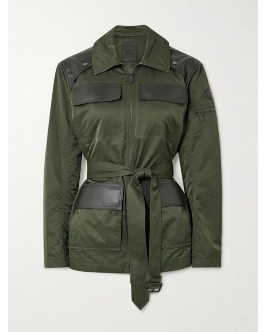 Burberry Green Belted Leather-Trimmed Shell Jacket