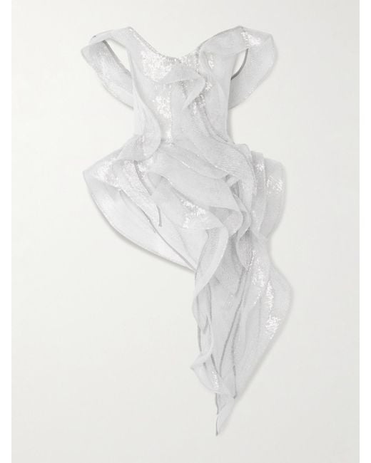 Maticevski White Liora Wave Asymmetric Ruffled Sequined Mesh Top
