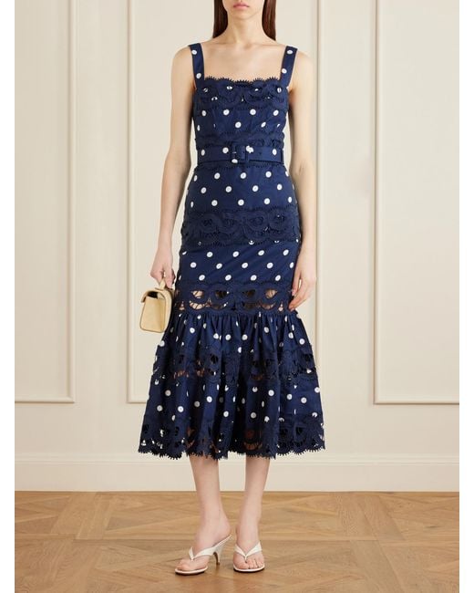 Self-Portrait Blue Belted Polka-Dot Linen And Cotton-Blend Midi Dress