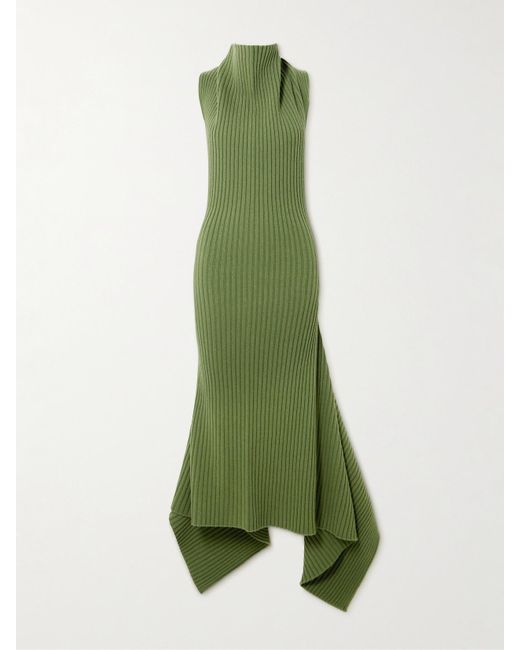 Victoria Beckham Asymmetric Gathered Ribbed Wool-Blend Midi Dress in Green  | Lyst