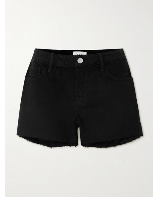 FRAME Black Le Grand Garcon Frayed Denim Shorts