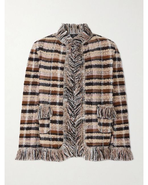 Etro Gray Fringed Checked Tweed Jacket