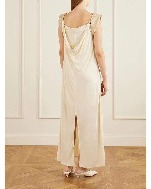 Bottega Veneta White Intrecciato Draped Leather-Trimmed Jersey Maxi Dress