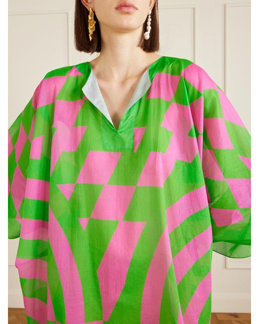 Dries Van Noten Green Frayed Printed Cotton-Voile Kaftan