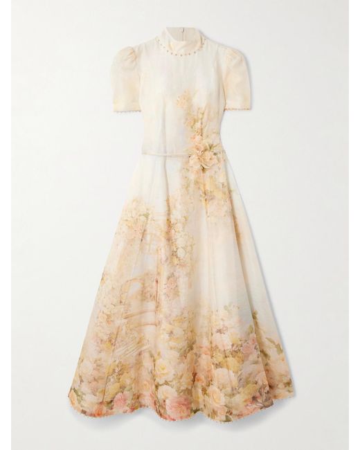 Zimmermann Natural Picnic Midikleid Aus Einer Leinen-Seidenmischung Mit Blumenprint Und Verzierungen
