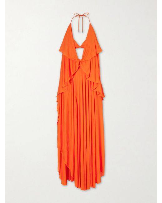 Loewe Orange Paula's Ibiza Ruffled Cutout Jersey Halterneck Maxi Dress