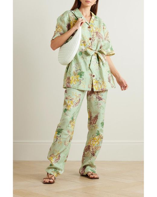 Zimmermann Green Matchmaker Floral-Print Linen Straight-Leg Pants