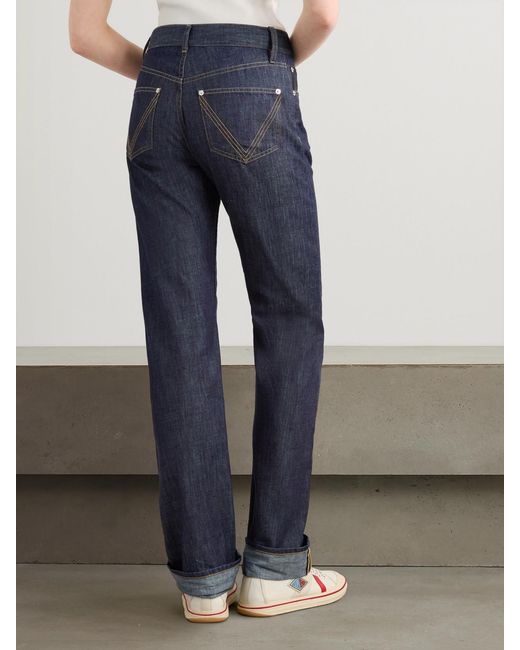 Bottega Veneta Blue Intrecciato Suede-Trimmed Mid-Rise Straight-Leg Jeans