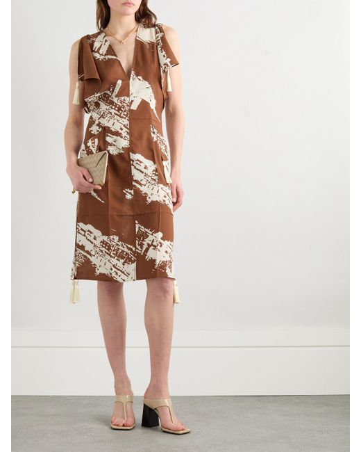 Bottega Veneta Brown Kleid Aus Einer Bedruckten Mischung Aus Seide Und Shantung-Seide Mit Troddeln