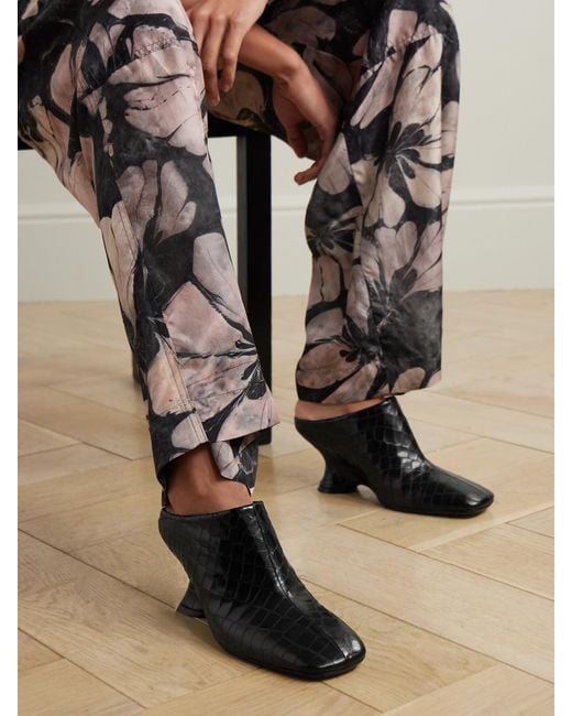 Dries Van Noten Black Croc-Effect Leather Wedge Mules