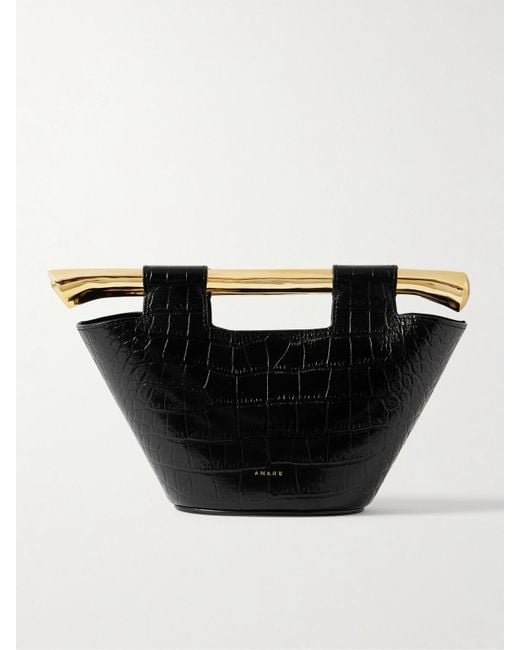 Amanu Black Madagascar Mini Croc-Effect Leather Tote