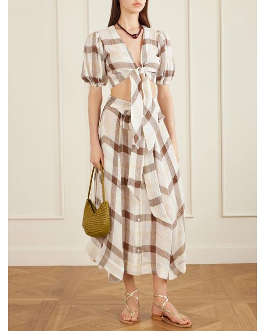 Lisa Marie Fernandez Natural Tie-Detailed Checked Linen-Blend Gauze Midi Skirt