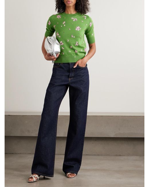 Oscar de la Renta Green Floral Crystal And Sequin-Embellished Wool Sweater
