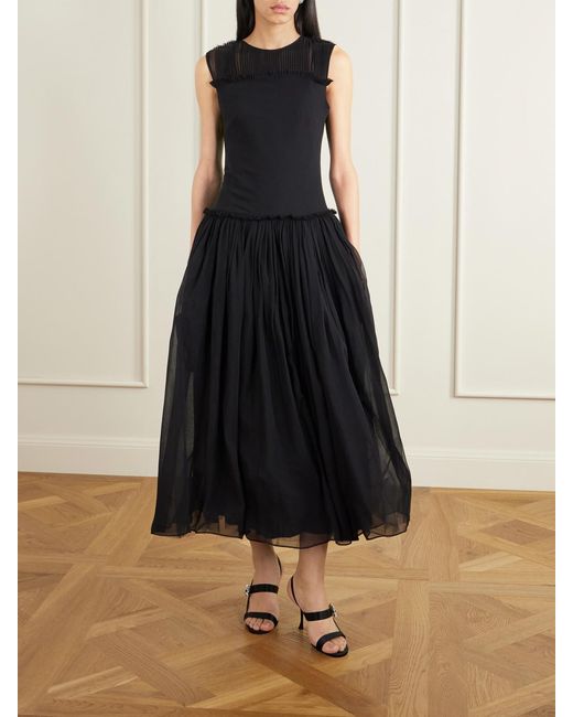 Abadia Black Plissé Chiffon-Trimmed Silk-Satin Midi Dress