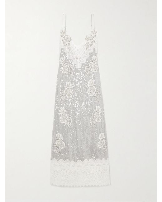Erdem White Embellished Lace-Trimmed Sequined Georgette Midi Dress
