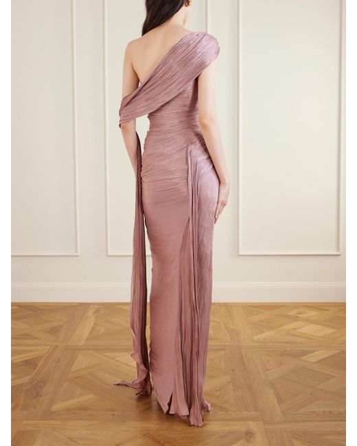 Marmar Halim Pink One-Shoulder Plissé Chiffon Gown