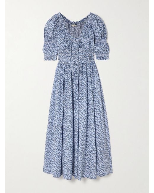 Doen Blue Ischia Shirred Floral-Print Organic Cotton-Voile Midi Dress