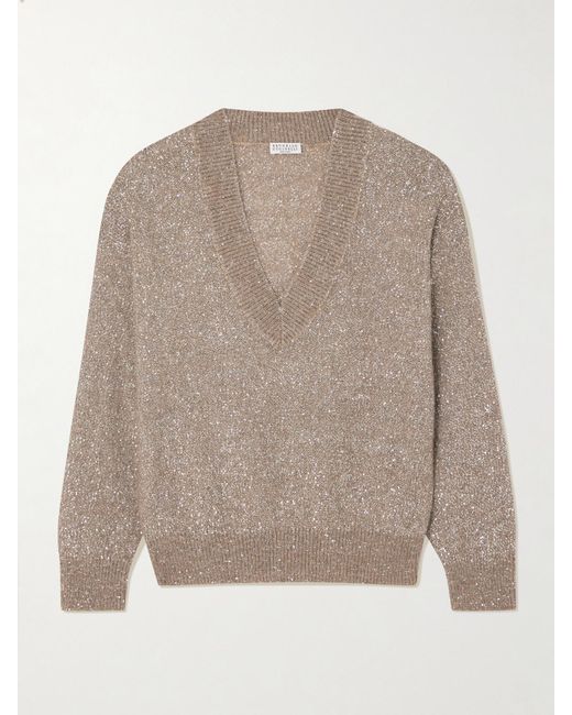 Brunello Cucinelli Natural Sequined Knitted Sweater