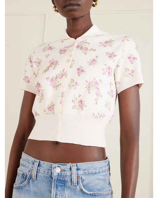Magda Butrym Natural Floral-Print Cotton Polo Shirt