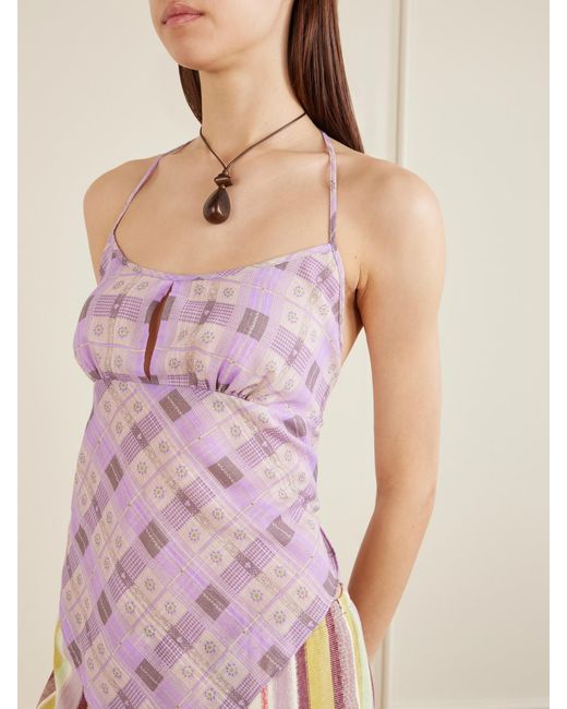 Anna Sui Pink Apron Checked Printed Cotton-Voile Halterneck Top
