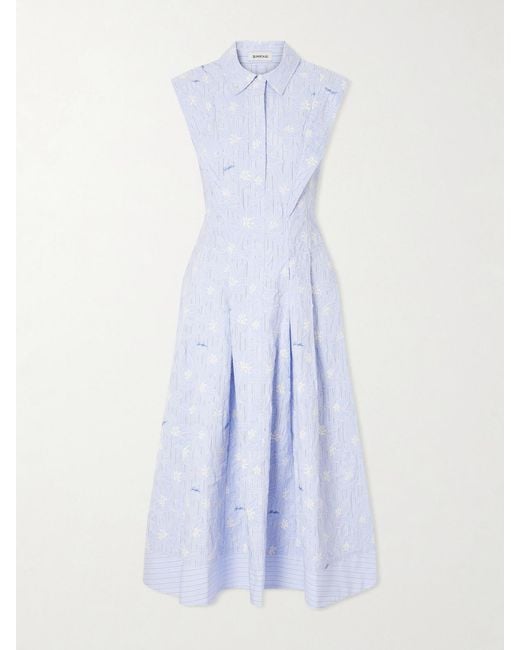 Jonathan Simkhai Blue Neri Embroidered Striped Cotton-Poplin Midi Dress