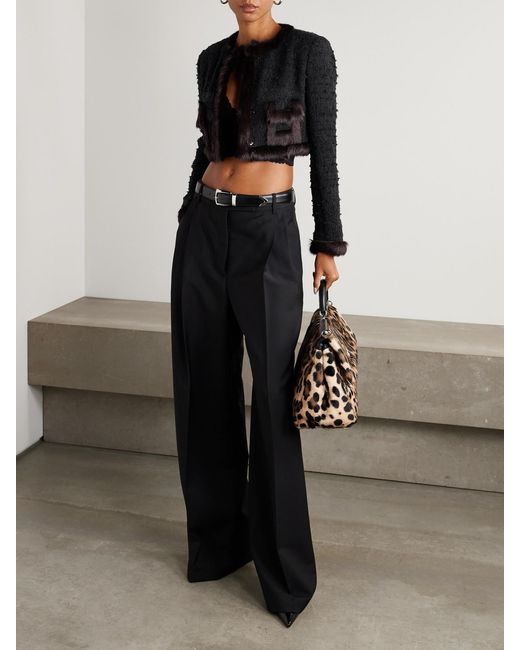 Dolce & Gabbana Black Cropped Shearling-Trimmed Cotton-Blend Tweed Jacket