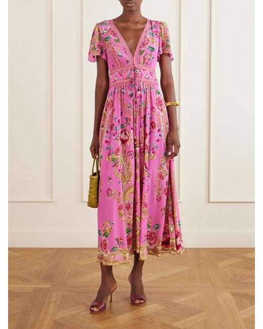 Camilla Pink Embroidered Printed Silk Maxi Dress
