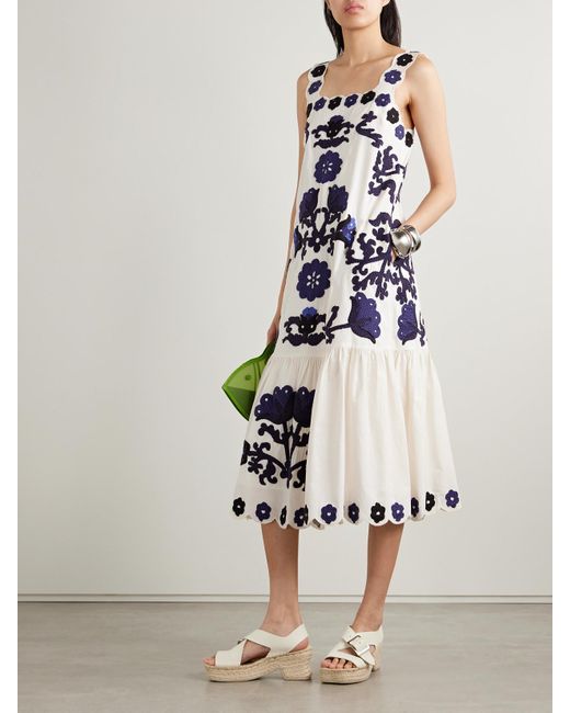 Robe Midi En Voile De Coton À Appliqués Et À Festons Catrine Sea en coloris White