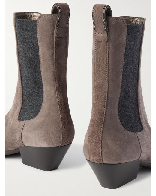 Brunello Cucinelli Black Chelsea Boots Aus Veloursleder Mit Zierperlen