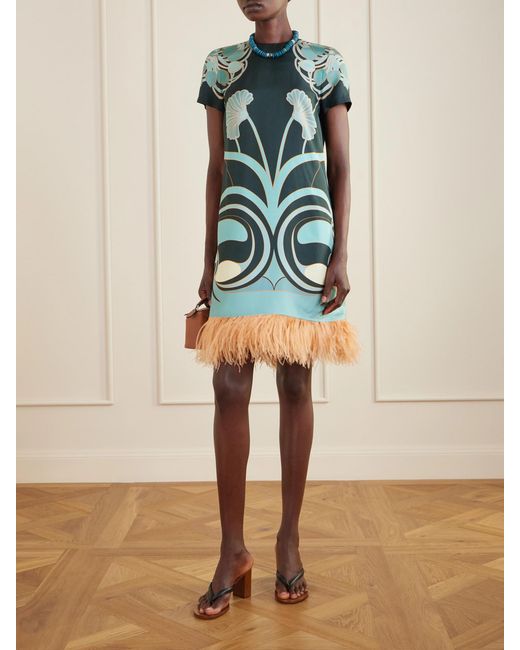 LaDoubleJ Green Swing Printed Feather-Trimmed Silk-Twill Mini Dress