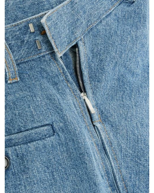 Loewe Blue Leather-Trimmed Draped Gathered High-Rise Wide-Leg Jeans
