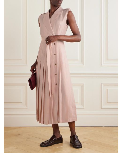 Loro Piana Bryce Belted Pleated Linen Midi Wrap Dress in Pink | Lyst